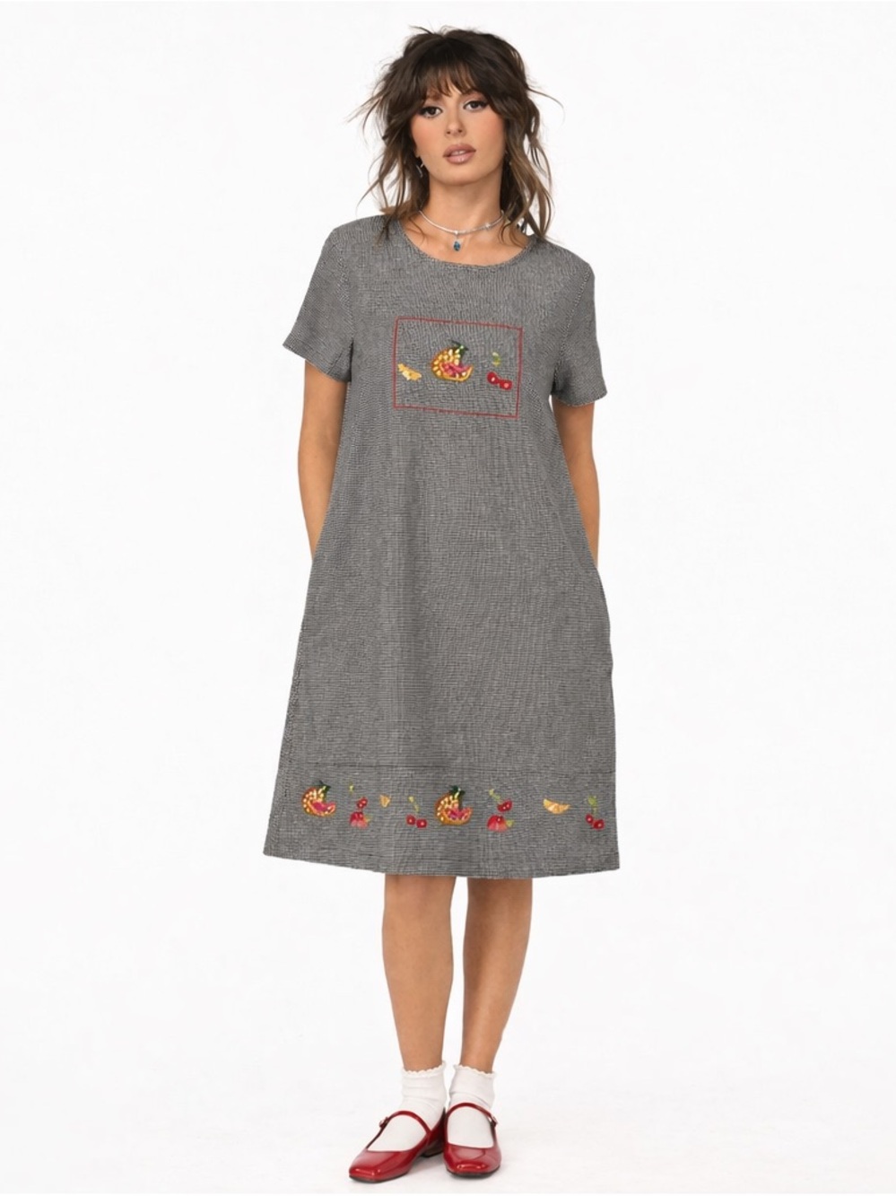 Jane Ashley Embroidered Fruit Dress Cottagecore Picnic Midi M Y2K 90s kidcore